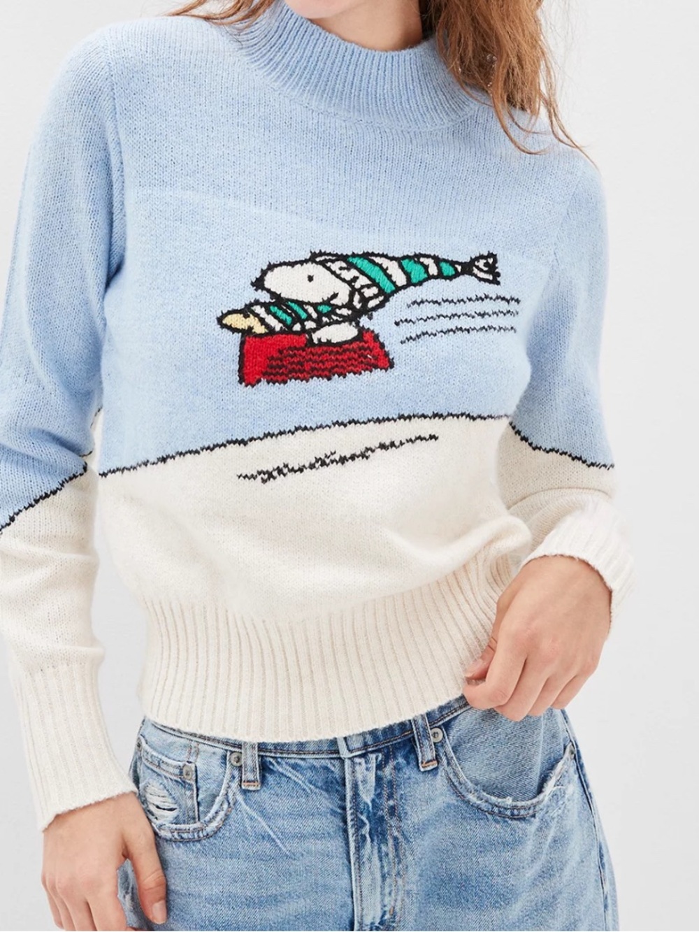 American Eagle Outfitters Light Blue & Cream Skiing Snoopy Crewneck Sweater